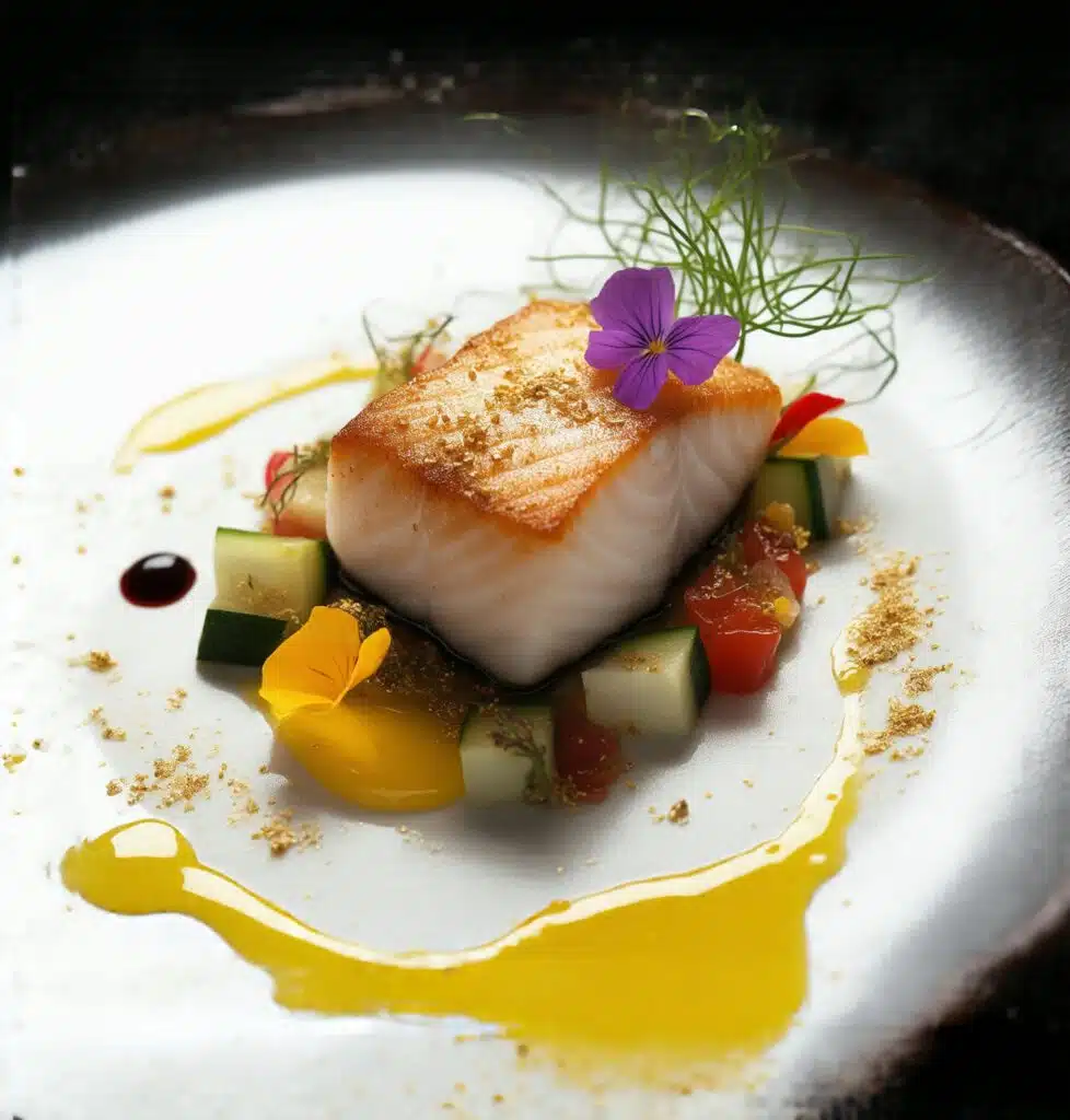 Plat Le Souffle, saumon sauvage dressé avec légumes de saison et fleurs comestibles, restaurant gastronomique ARIA Paris