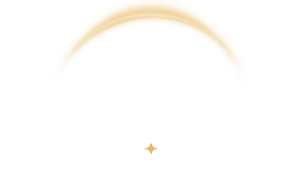 Logo du restaurant fictif « ARIA Restaurant », créé par ÉvidenceWP, avec le mot « ARIA » au centre, une arche lumineuse au-dessus, puis une étoile discrète et la phrase « La lumière d’un instant » juste au-dessous.